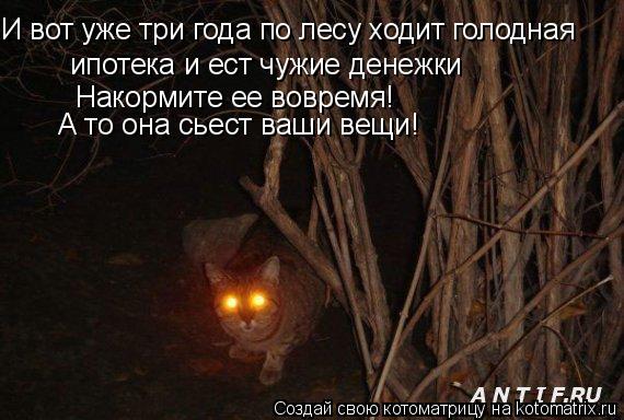 Котоматрица: И вот уже три года по лесу ходит голодная ипотека и ест чужие денежки Накормите ее вовремя!  А то она сьест ваши вещи!
