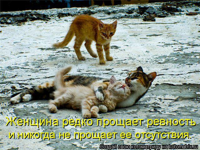 Котоматрица: Женщина редко прощает ревность  и никогда не прощает ее отсутствия.