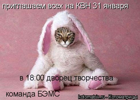 приглашаем всех на КВН 31 января в 18:00 дворец творчества команда БЭМС команда БЭМС... Котоматрица: приглашаем всех на КВН 31 января в 18:00 дворец творчества команда БЭМС команда БЭМС