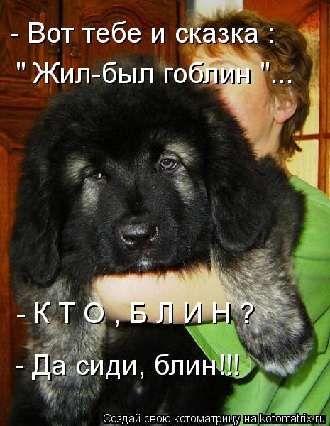 - Вот тебе и сказка : " Жил-был гоблин "... - Да сиди, блин!!! - К Т О , Б Л И Н ?... Котоматрица: - Вот тебе и сказка : " Жил-был гоблин "... - Да сиди, блин!!! - К Т О , Б Л И Н ?