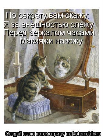 Котоматрица: По секрету вам скажу: Я за внешностью слежу Перед зеркалом часами Макияжи навожу.
