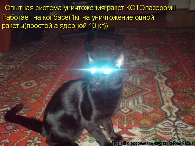 Котоматрица: Опытная система уничтожения ракет КОТОлазером!! Работает на колбасе(1кг на уничтожение одной  ракеты(простой а ядерной 10 кг))
