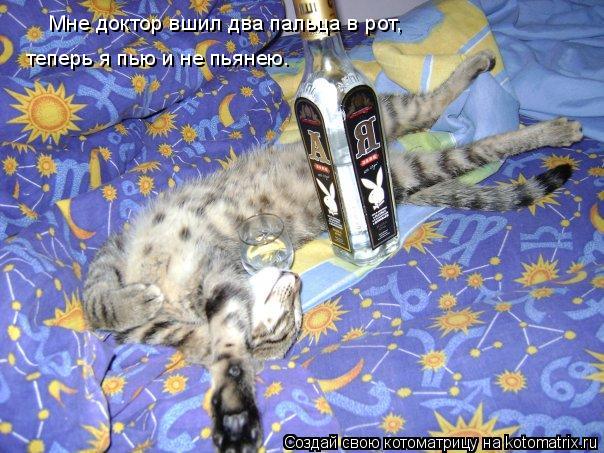 Котоматрица: Мне доктор вшил два пальца в рот,  теперь я пью и не пьянею.