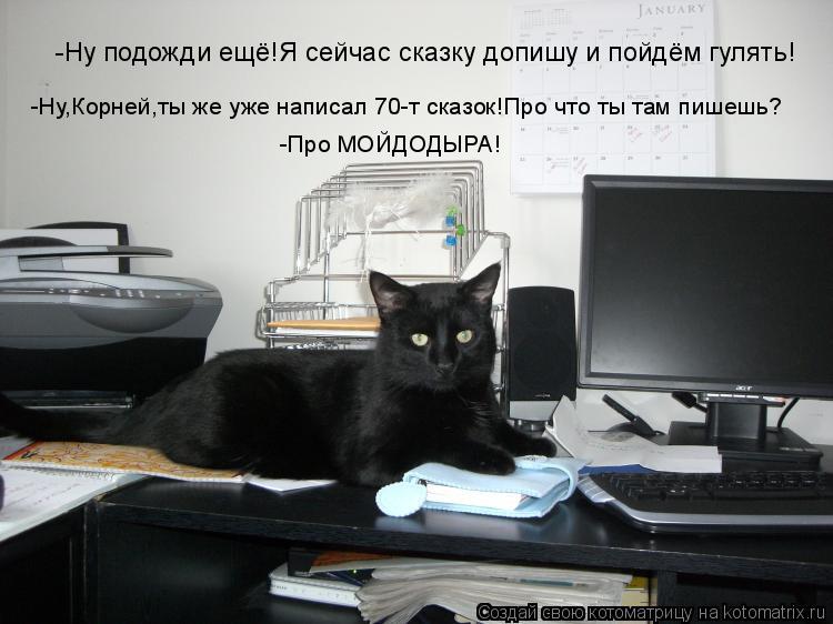 Котоматрица: -Ну подожди ещё!Я сейчас сказку допишу и пойдём гулять! -Ну,Корней,ты же уже написал 70-т сказок!Про что ты там пишешь? -Про МОЙДОДЫРА!