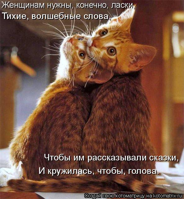 Женщинам нужны, конечно, ласки, Тихие, волшебные слова, Чтобы им рассказывали сказки, И кружилась,... Котоматрица: Женщинам нужны, конечно, ласки, Тихие, волшебные слова, Чтобы им рассказывали сказки, И кружилась, чтобы, голова.