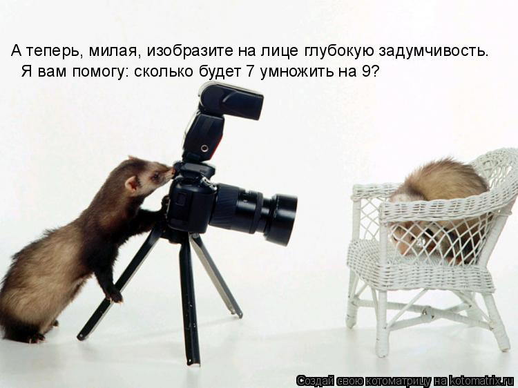 Котоматрица: А тепеpь, милая, изобpазите на лице глубокую задумчивость.  Я вам помогу: сколько будет 7 умножить на 9?