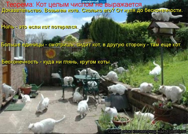Доказательство. Возьмем кота. Сколько его? От нуля до бесконечности. Теорема: Кот целым числом не выр... Котоматрица: Доказательство. Возьмем кота. Сколько его? От нуля до бесконечности. Теорема: Кот целым числом не выражается. Ноль - это если кот потерялся. Б