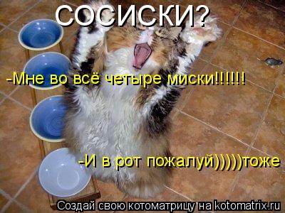 СОСИСКИ? -Мне во всё четыре миски!!!!!! -И в рот пожалуй)))))тоже... Котоматрица: СОСИСКИ? -Мне во всё четыре миски!!!!!! -И в рот пожалуй)))))тоже