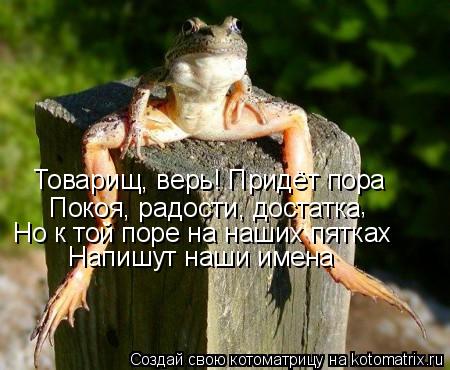 Котоматрица: Товарищ, верь! Придёт пора Покоя, радости, достатка , Но к той поре на наших пятках Напишут наши имена