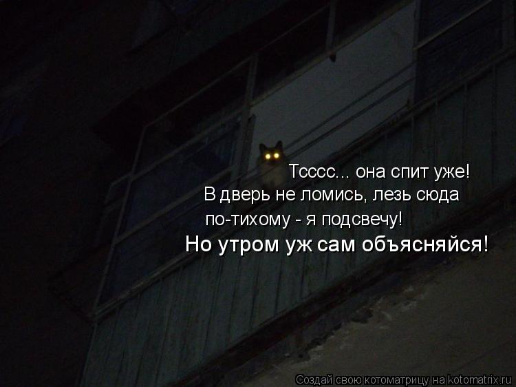 Тсссс... она спит уже! В дверь не ломись, лезь сюда по-тихому - я подсвечу! Но утром уж сам объясняйс... Котоматрица: Тсссс... она спит уже! В дверь не ломись, лезь сюда по-тихому - я подсвечу! Но утром уж сам объясняйся!