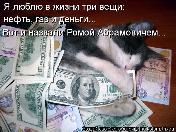 Котоматрица: Я люблю в жизни три вещи: нефть, газ и деньги... Вот и назвали Ромой Абрамовичем...