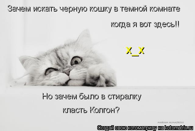 Котоматрица: Зачем искать черную кошку в темной комнате когда я вот здесь!!  Но зачем было в стиралку  класть Колгон? x_x