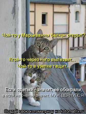 Чой-то у Марьиванны балкон открыт?... Ктой-то через него вылезает... Чой-то в узелке тащит... Если од... Котоматрица: Чой-то у Марьиванны балкон открыт?... Ктой-то через него вылезает... Чой-то в узелке тащит... Если одетый - значит, её обокрали, а если не очень - з