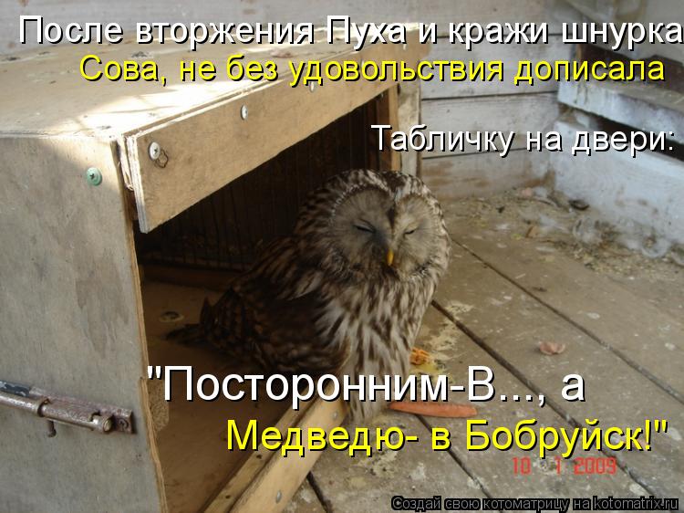 Котоматрица: "Посторонним-В..., а  Медведю- в Бобруйск!" После вторжения Пуха и кражи шнурка  Сова, не без удовольствия дописала  Табличку на двери: