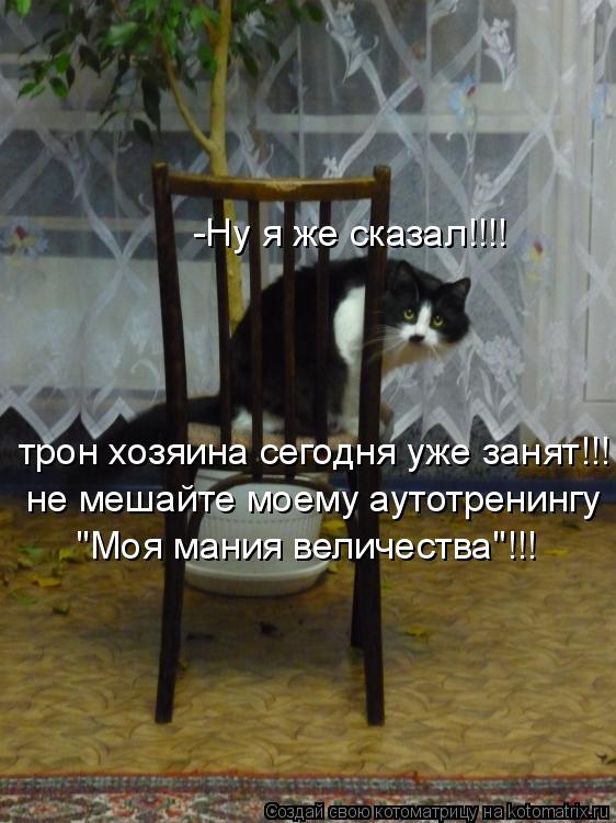 Котоматрица: -Ну я же сказал!!!! трон хозяина сегодня уже занят!!! не мешайте моему аутотренингу  "Моя мания величества"!!!
