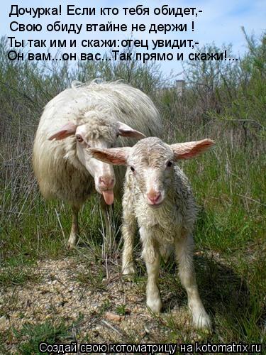 Дочурка! Если кто тебя обидет,- Свою обиду втайне не держи ! Ты так им и скажи:отец увидит,- Он вам..... Котоматрица: Дочурка! Если кто тебя обидет,- Свою обиду втайне не держи ! Ты так им и скажи:отец увидит,- Он вам...он вас...Так прямо и скажи!...