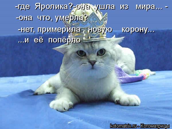 -где Яролика? -где Яролика?-она ушла из мира... - -она что, умерла? -нет, примерила новую ... Котоматрица: -где Яролика? -где Яролика?-она ушла из мира... - -она что, умерла? -нет, примерила новую корону... ...и её попёрло