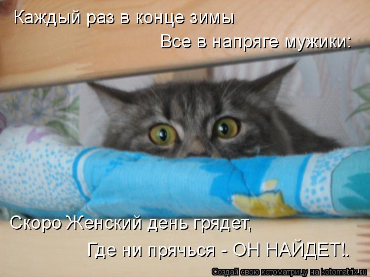 Каждый раз в конце зимы Все в напряге мужики: Скоро Женский день грядет, Где ни прячься - ОН НАЙДЕТ!…... Котоматрица: Каждый раз в конце зимы Все в напряге мужики: Скоро Женский день грядет, Где ни прячься - ОН НАЙДЕТ!…
