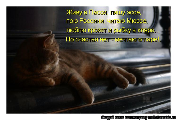 Живу в Пасси, пишу эссе, пою Россини, читаю Мюссе, люблю крокет и рыбку в кляре... Но счастья нет - м... Котоматрица: Живу в Пасси, пишу эссе, пою Россини, читаю Мюссе, люблю крокет и рыбку в кляре... Но счастья нет - мечтаю о паре!.