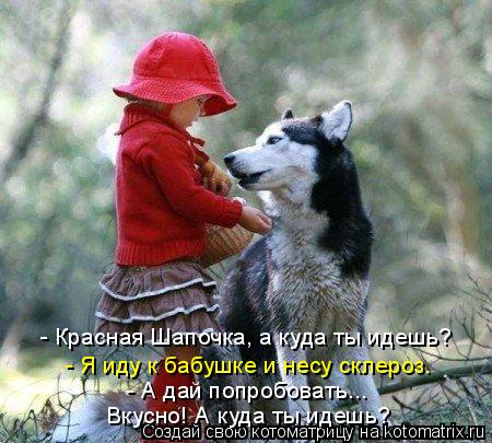 - Красная Шапочка, а куда ты идешь? - Я иду к бабушке и несу склероз. - А дай попробовать... Вкусно!... Котоматрица: - Красная Шапочка, а куда ты идешь? - Я иду к бабушке и несу склероз. - А дай попробовать... Вкусно! А куда ты идешь?