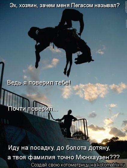 Котоматрица: Ведь я поверил тебе! Почти поверил... Эх, хозяин, зачем меня Пегасом называл? Иду на посадку, до болота дотяну, а твоя фамилия точно Мюнхаузен??