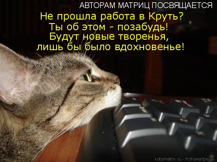 АВТОРАМ МАТРИЦ ПОСВЯЩАЕТСЯ Не прошла работа в Круть? Ты об этом - позабудь! Будут новые творенья, лиш... Котоматрица: АВТОРАМ МАТРИЦ ПОСВЯЩАЕТСЯ Не прошла работа в Круть? Ты об этом - позабудь! Будут новые творенья, лишь бы было вдохновенье!