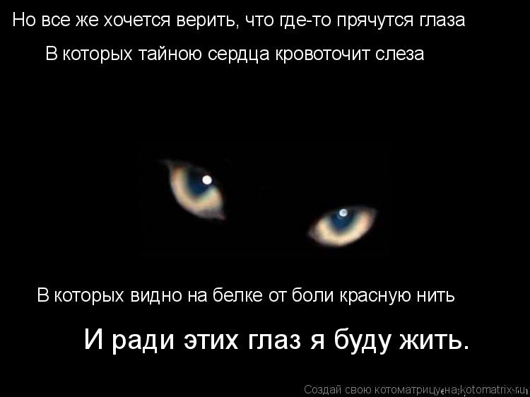 Но все же хочется верить, что где-то прячутся глаза В которых тайною сердца кровоточит слеза В которы... Котоматрица: Но все же хочется верить, что где-то прячутся глаза В которых тайною сердца кровоточит слеза В которых видно на белке от боли красную нить И