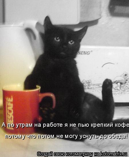 Котоматрица: А по утрам на работе я не пью крепкий кофе,  потому что потом не могу уснуть до обеда!