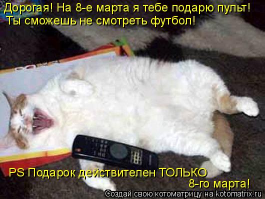 Котоматрица: Дорогая! На 8-е марта я тебе подарю пульт! Ты сможешь не смотреть футбол! PS Подарок действителен ТОЛЬКО 8-го марта!