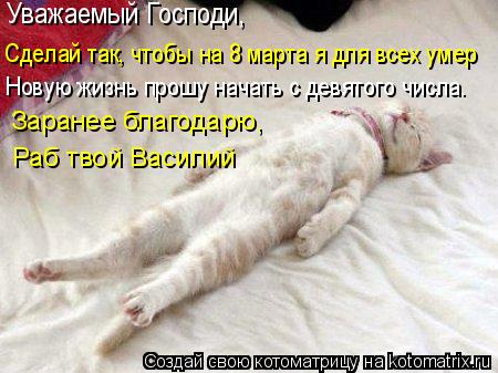 Котоматрица: Уважаемый Господи, Новую жизнь прошу начать с девятого числа. Сделай так, чтобы на 8 марта я для всех умер Заранее благодарю, Раб твой Васили
