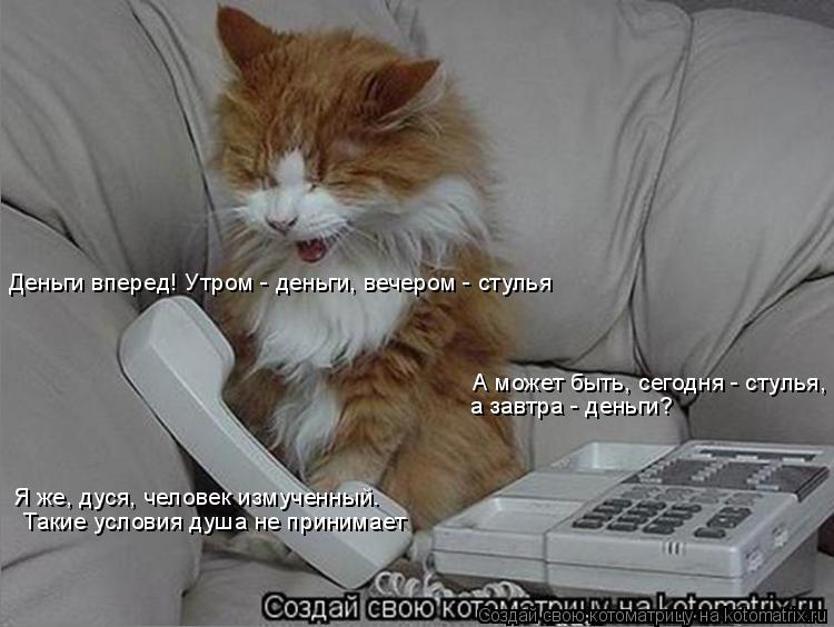 А может быть, сегодня - стулья, а завтра - деньги? Деньги вперед! Утром - деньги, вечером - стулья Я... Котоматрица: А может быть, сегодня - стулья, а завтра - деньги? Деньги вперед! Утром - деньги, вечером - стулья Я же, дуся, человек измученный. Такие условия