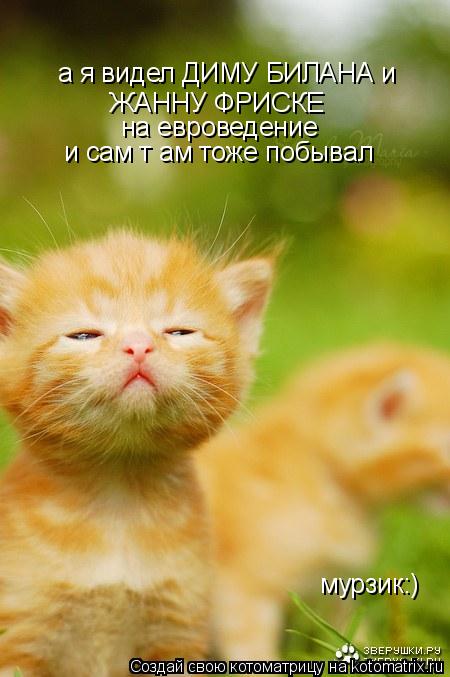 а я видел ДИМУ БИЛАНА и ЖАННУ ФРИСКЕ на евроведение и сам т ам тоже побывал мурзик:)... Котоматрица: а я видел ДИМУ БИЛАНА и ЖАННУ ФРИСКЕ на евроведение и сам т ам тоже побывал мурзик:)