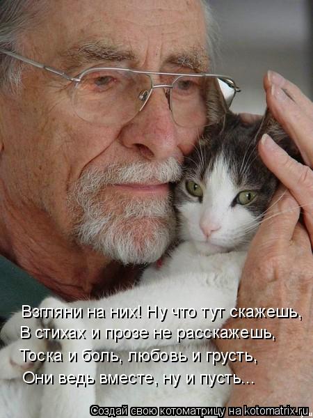 Взгляни на них! Ну что тут скажешь, В стихах и прозе не расскажешь, Тоска и боль, любовь и грусть, Он... Котоматрица: Взгляни на них! Ну что тут скажешь, В стихах и прозе не расскажешь, Тоска и боль, любовь и грусть, Они ведь вместе, ну и пусть...