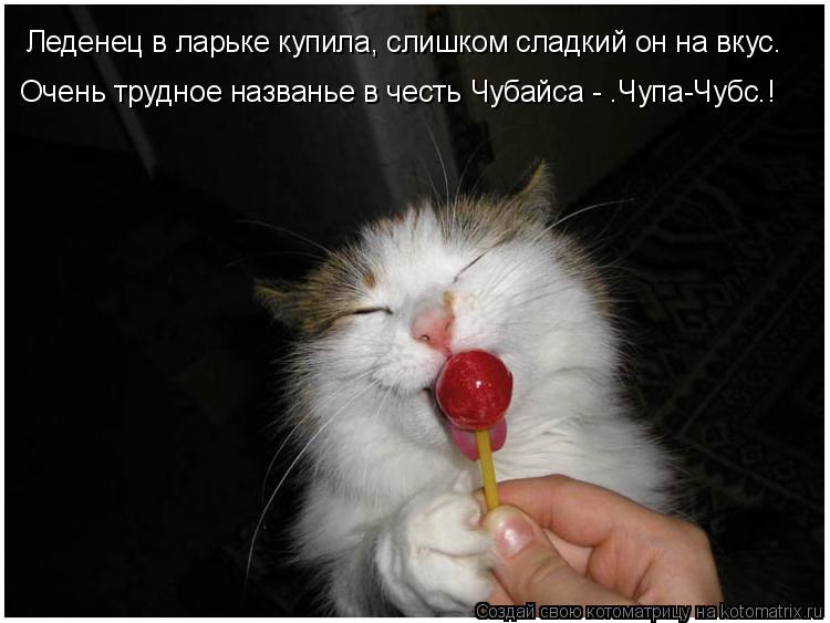 Леденец в ларьке купила, слишком сладкий он на вкус. Очень трудное названье в честь Чубайса - “Чупа-Ч... Котоматрица: Леденец в ларьке купила, слишком сладкий он на вкус. Очень трудное названье в честь Чубайса - “Чупа-Чубс”!