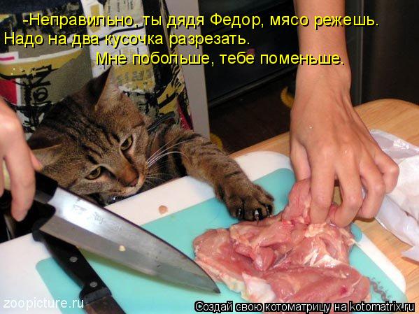 Надо на два кусочка разрезать. Мне побольше, тебе поменьше. -Неправильно, ты дядя Федор, мясо режеш... Котоматрица: Надо на два кусочка разрезать. Мне побольше, тебе поменьше. -Неправильно, ты дядя Федор, мясо режешь.