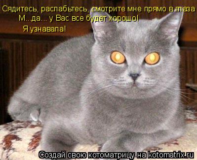Сядитесь, раслабьтесь, смотрите мне прямо в глаза М...да... у Вас все будет хорошо! Я узнавала!... Котоматрица: Сядитесь, раслабьтесь, смотрите мне прямо в глаза М...да... у Вас все будет хорошо! Я узнавала!