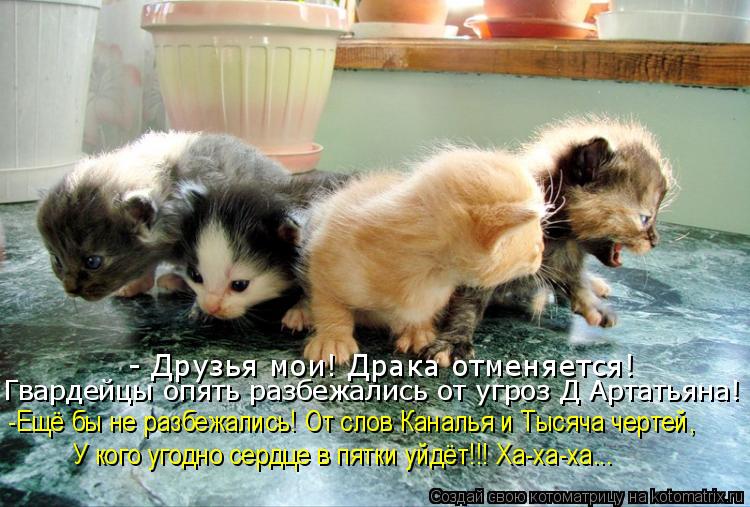- Друзья мои! Драка отменяется! Гвардейцы опять разбежались от угроз Д Артатьяна! -Ещё бы не разбежал... Котоматрица: - Друзья мои! Драка отменяется! Гвардейцы опять разбежались от угроз Д Артатьяна! -Ещё бы не разбежались! От слов Каналья и Тысяча чертей, У к