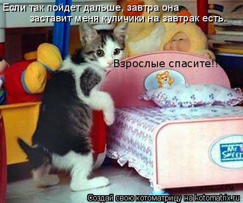Если так пойдет дальше, завтра она заставит меня куличики на завтрак есть. Взрослые спасите!!!... Котоматрица: Если так пойдет дальше, завтра она заставит меня куличики на завтрак есть. Взрослые спасите!!!