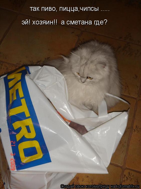 так пиво, пицца,чипсы ..... эй! хозяин!! а сметана где?... Котоматрица: так пиво, пицца,чипсы ..... эй! хозяин!! а сметана где?