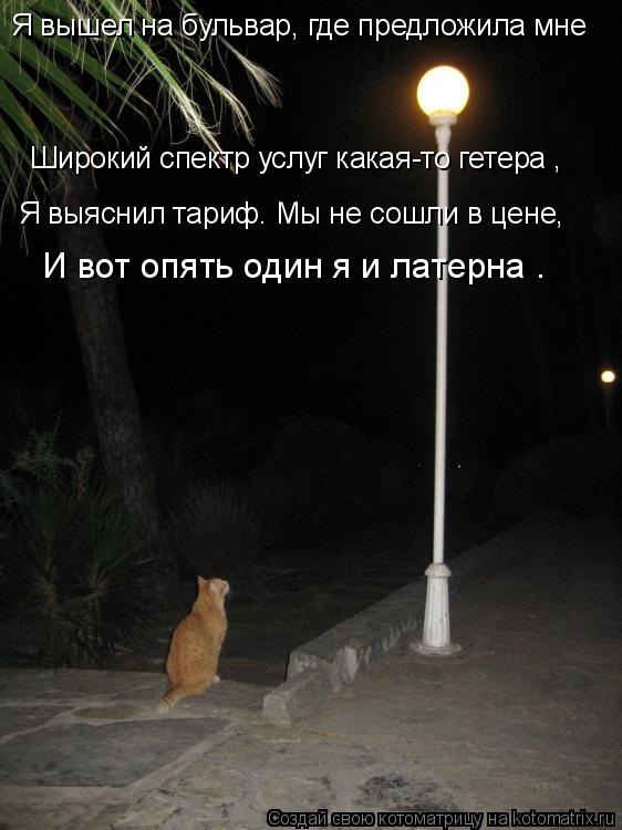 Я вышел на бульвар, где предложила мне Широкий спектр услуг какая-то гетера , Я выяснил тариф. Мы не ... Котоматрица: Я вышел на бульвар, где предложила мне Широкий спектр услуг какая-то гетера , Я выяснил тариф. Мы не сошли в цене, И вот опять один я и латерна