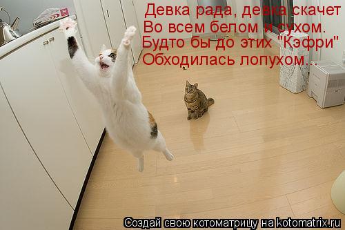 Девка рада, девка скачет Во всем белом и сухом. Будто бы до этих "Кэфри" Обходилась лопухом...... Котоматрица: Девка рада, девка скачет Во всем белом и сухом. Будто бы до этих "Кэфри" Обходилась лопухом...