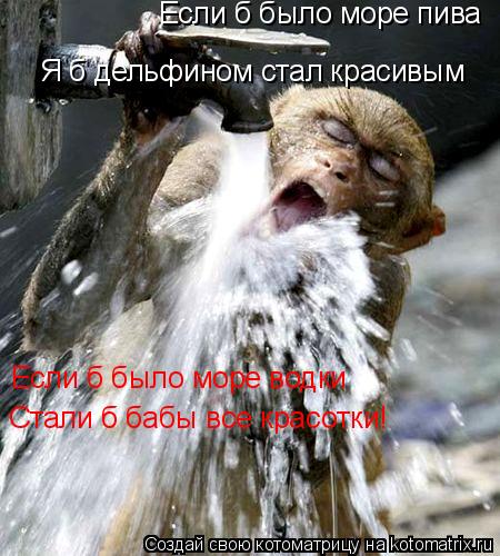 Если б было море пива Я б дельфином стал красивым Стали б бабы все красотки! Если б было море водки... Котоматрица: Если б было море пива Я б дельфином стал красивым Стали б бабы все красотки! Если б было море водки