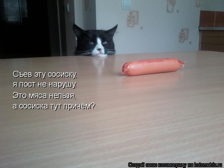 Съев эту сосиску, я пост не нарушу. Это мяса нельзя, а сосиска тут причём?... Котоматрица: Съев эту сосиску, я пост не нарушу. Это мяса нельзя, а сосиска тут причём?