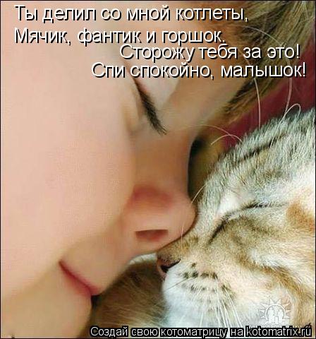 Ты делил со мной котлеты, Мячик, фантик и горшок. Сторожу тебя за это! Спи спокойно, малышок!... Котоматрица: Ты делил со мной котлеты, Мячик, фантик и горшок. Сторожу тебя за это! Спи спокойно, малышок!