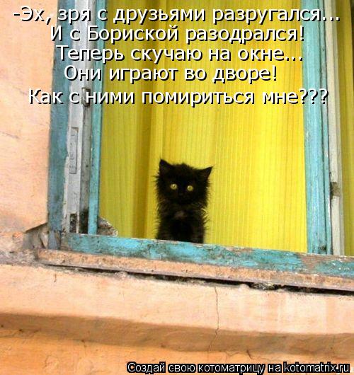 -Эх, зря с друзьями разругался... И с Бориской разодрался! Теперь скучаю на окне... Они играют во дво... Котоматрица: -Эх, зря с друзьями разругался... И с Бориской разодрался! Теперь скучаю на окне... Они играют во дворе! Как с ними помириться мне???