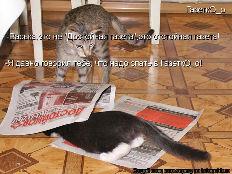 -Васька,это не "Достойная газета",это отстойная газета! -Я давно говорил тебе, что надо спать в Газе... Котоматрица: -Васька,это не "Достойная газета",это отстойная газета! -Я давно говорил тебе, что надо спать в ГазеткО_о! ГазеткО_о