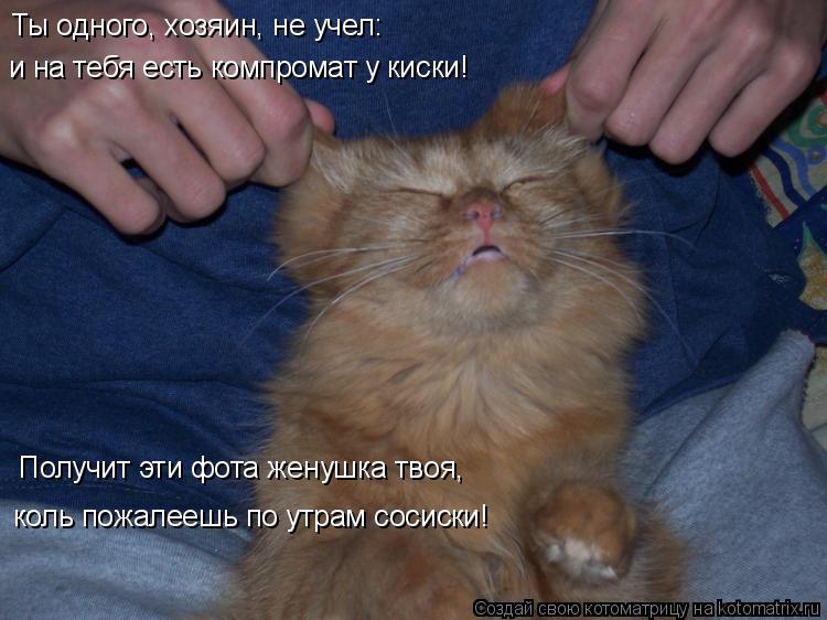 Ты одного, хозяин, не учел: и на тебя есть компромат у киски! Получит эти фота женушка твоя, коль пож... Котоматрица: Ты одного, хозяин, не учел: и на тебя есть компромат у киски! Получит эти фота женушка твоя, коль пожалеешь по утрам сосиски!