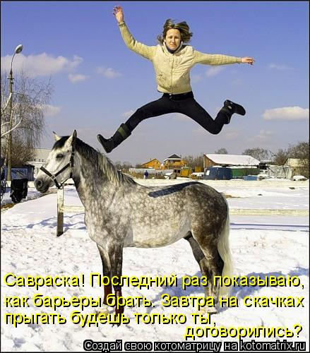 Савраска! Последний раз показываю, как барьеры брать. Завтра на скачках прыгать будешь только ты, до... Котоматрица: Савраска! Последний раз показываю, как барьеры брать. Завтра на скачках прыгать будешь только ты, договорились?
