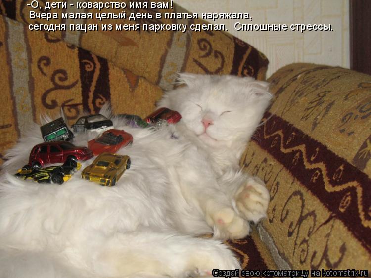 -О, дети - коварство имя вам! Вчера малая целый день в платья наряжала, сегодня пацан из меня парковк... Котоматрица: -О, дети - коварство имя вам! Вчера малая целый день в платья наряжала, сегодня пацан из меня парковку сделал. Сплошные стрессы.