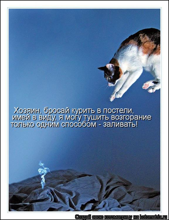Хозяин, бросай курить в постели, имей в виду, я могу тушить возгорание только одним способом - залив... Котоматрица: Хозяин, бросай курить в постели, имей в виду, я могу тушить возгорание только одним способом - заливать!